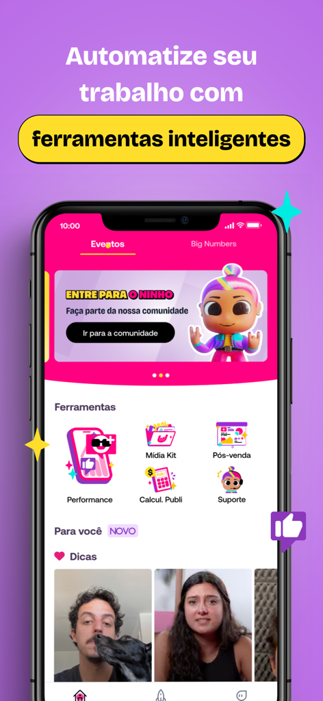 PlayNest - Interfaz de la aplicación PlayNest mostrando herramientas de negocio para creadores como Kit de Medios e informes de campañas