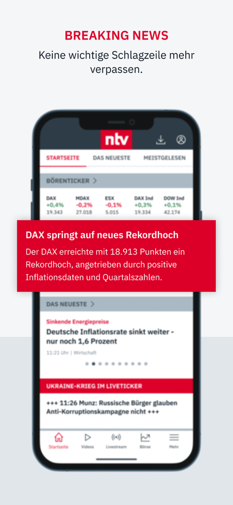 ntv Nachrichten App-Oberfläche auf einem Smartphone, die eine Eilmeldung über den DAX-Aktienindex zeigt, der einen Rekordwert erreicht.