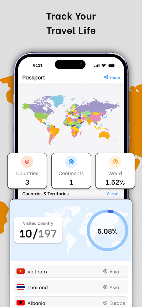 A mobile app interface displaying a world map with tracked travel statistics and a list of visited countries.