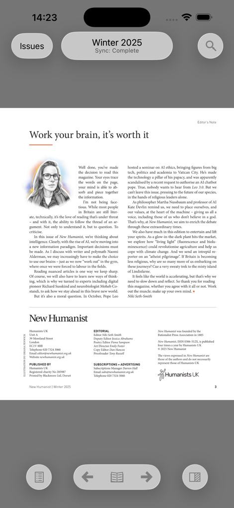 New Humanist - Vue du lecteur numérique de l'application du magazine New Humanist montrant une page d'article éditorial du numéro hiver 2025.