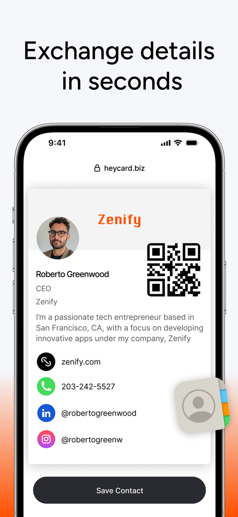 HeyCard Business Card Creator - Schermata dello smartphone che visualizza un biglietto da visita digitale con un codice QR e informazioni di contatto