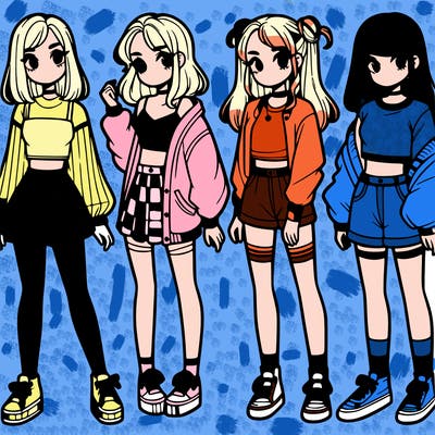 one girl with crop-top shirt and a jacket with a skirt, long socks and another girl with a shirt and pants with a jacket