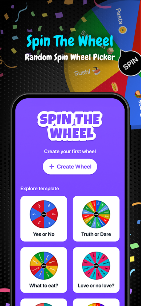 Test Lie Detector for Prank - Smartphone screen displaying a random spin wheel game with truth or dare and decision templates.