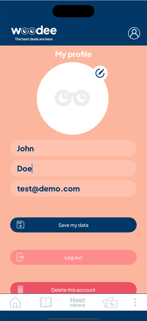 Woodee - Woodee app user profile screen with account settings and data management options