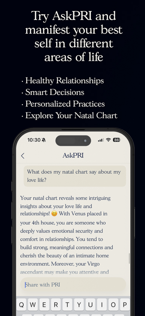 AskPRI AI wellness assistant providing natal chart and love life insights in the Soulloop app.