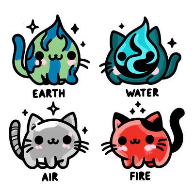 4 cats that represent the different elements, earth, water, air, and fire