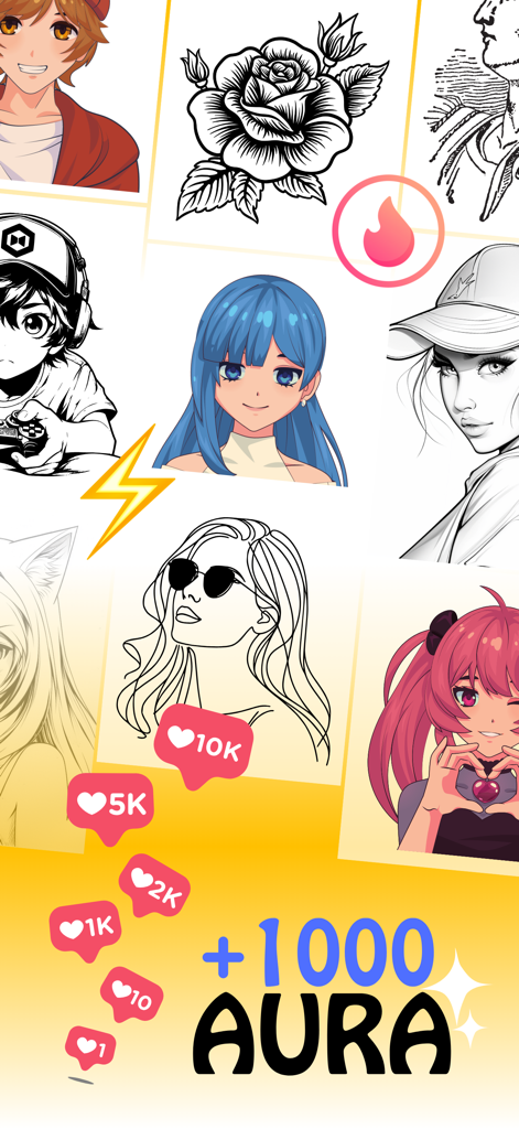 AR Drawing: Sketch & Trace Art - Une collection de croquis de personnages d'anime et de modèles de line art avec des icônes similaires aux réseaux sociaux et du texte 'plus 1000 aura'.