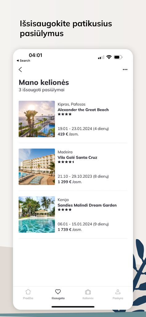 ITAKA Lietuva - Screenshot da aplicação ITAKA Lietuva mostrando uma lista de ofertas de viagens guardadas para destinos de férias como Chipre e Madeira