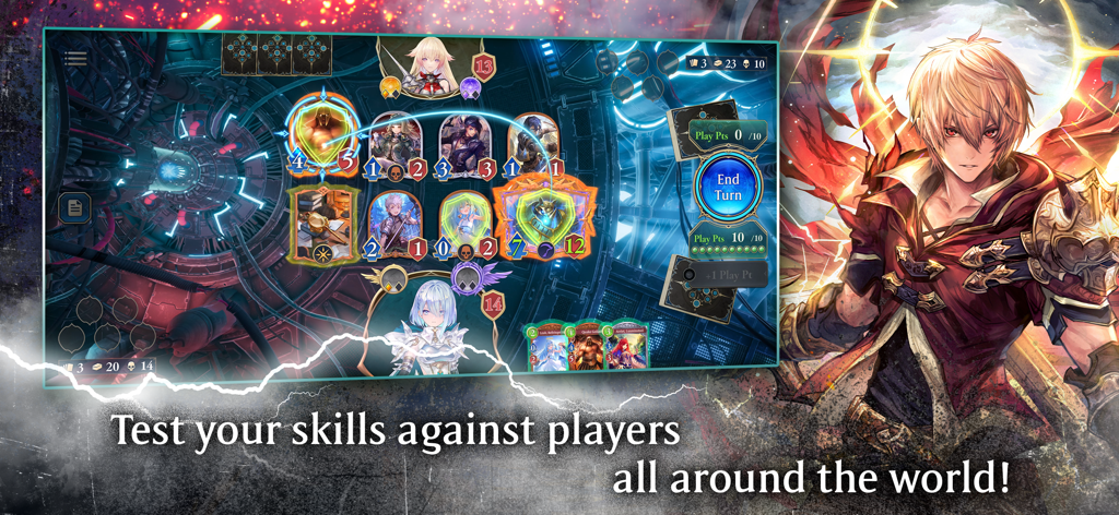A strategic online card battle in Shadowverse Worlds Beyond featuring anime character art and a futuristic interface.
