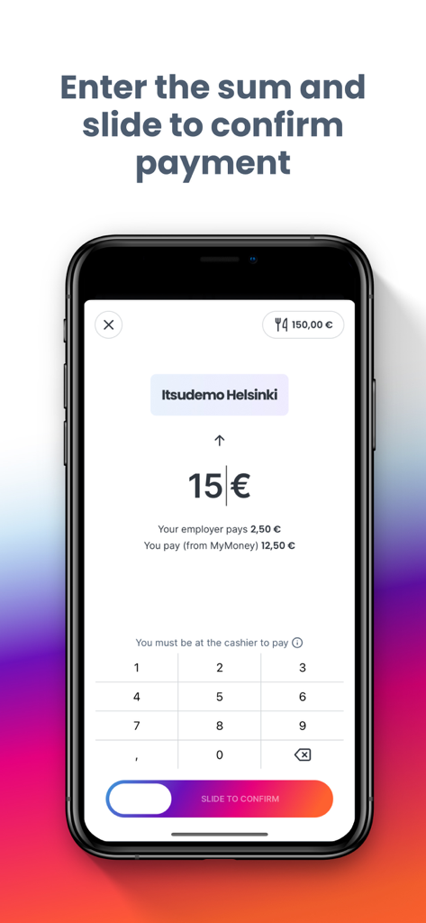Epassi - Epassi app screen showing a split payment breakdown between employer benefits and personal funds with a slide to confirm button