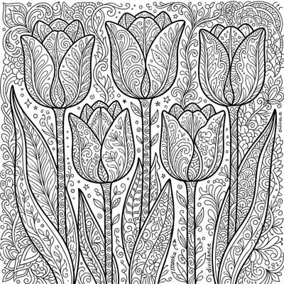 Dive into a world of intricate beauty with this stunning Zentangle Triumph Tulips coloring page. Each goblet-shaped flower and surrounding foliage is adorned with detailed, repetitive patterns, offering a captivating artistic challenge and a peaceful escape.