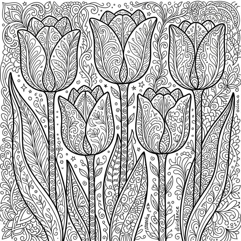 Dive into a world of intricate beauty with this stunning Zentangle Triumph Tulips coloring page. Each goblet-shaped flower and surrounding foliage is adorned with detailed, repetitive patterns, offering a captivating artistic challenge and a peaceful escape.