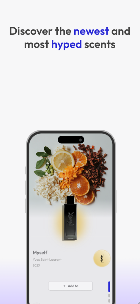 inScent - A mobile phone screen showing the inScent app discovery feature with a perfume bottle surrounded by its scent notes.