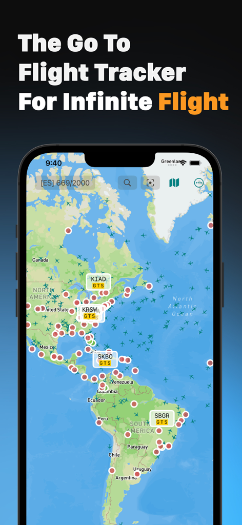 InfiniteInfo - InfiniteInfo app interface showing live flight tracking on a global map for the Infinite Flight simulator