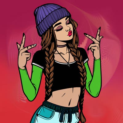 realistic teenage girl with braids and a beanie and crop top doing 🫶🏼