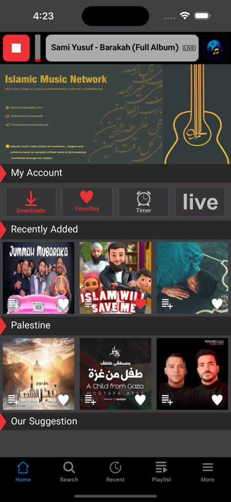 Islamic Music Radio Network - The home screen of the Islamic Music Radio Network app displaying various categories of Islamic music and a music player at the top.