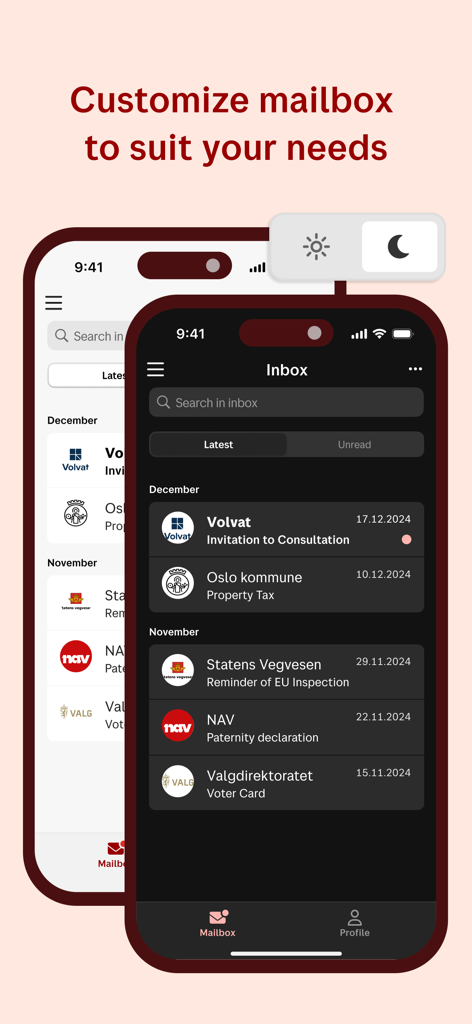 Comparison of Digipost app mailbox in light and dark mode themes