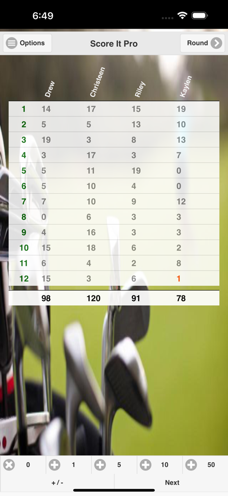 Digital scorecard interface of Score It Pro app featuring a golf theme and scores for four players