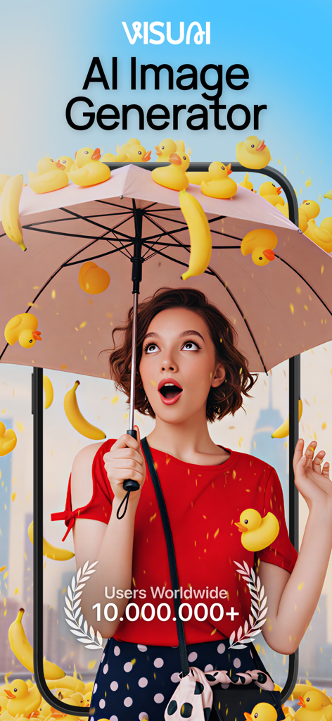 AI Image Generator - VisuAI - VisuAI app promotional screen showing a surreal AI generated photo of a woman with an umbrella and falling rubber ducks