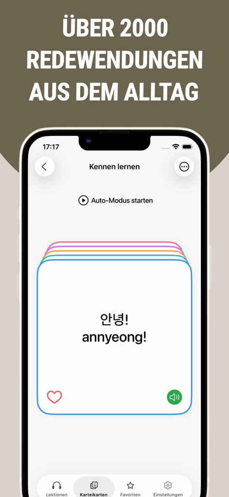 Smartphone screen displaying a Korean language learning app with a flashcard for the greeting annyeong.
