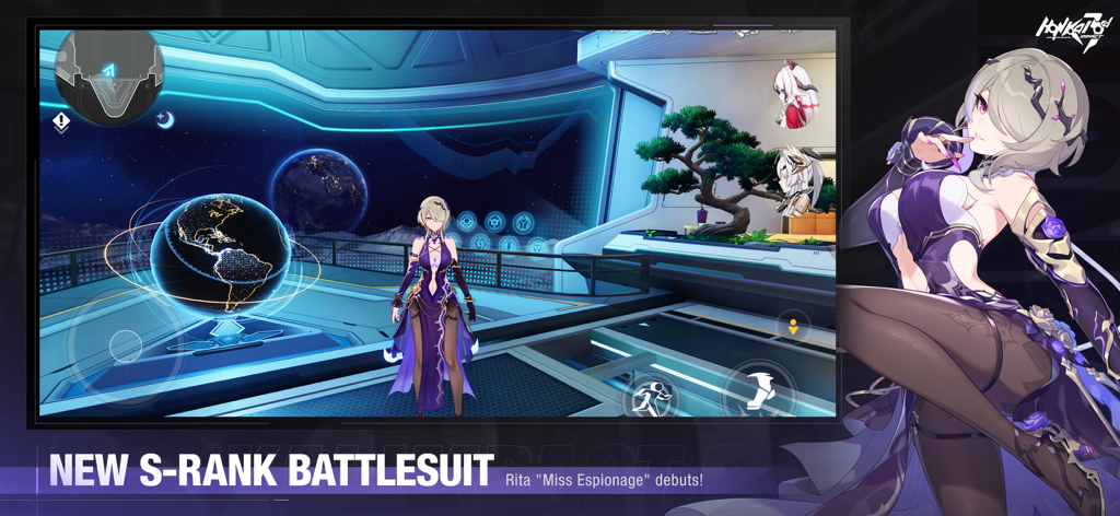 Honkai Impact 3rd - Rita in her new S-Rank Miss Espionage battlesuit on the bridge in Honkai Impact 3rd