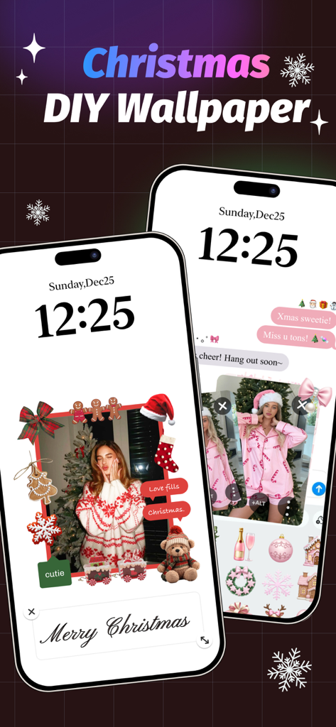 Two iPhone screens displaying custom Christmas wallpapers with holiday stickers like gingerbread men and Santa hats created in the Emojito app.