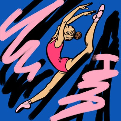 gymnast doing a leap in a leotard with a bent back leg