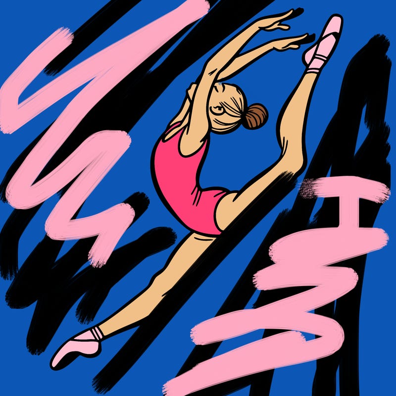 gymnast doing a leap in a leotard with a bent back leg