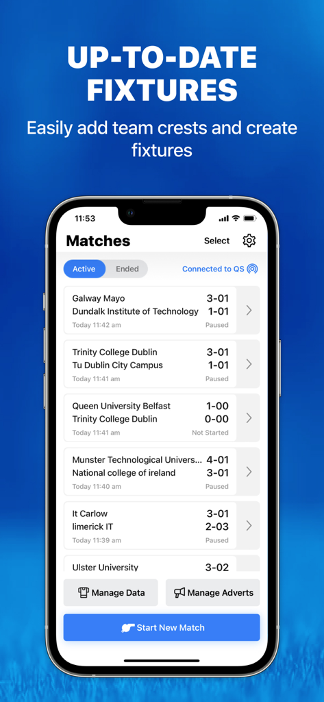 QS GAA - The QS GAA app fixtures screen showing a list of matches and scores.