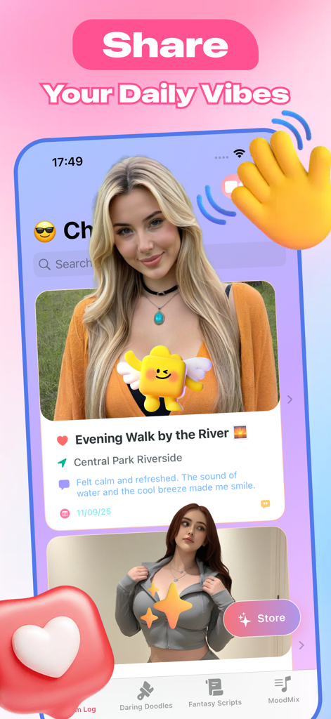 Bloom Chat - Make New Friends - Un écran mobile de Bloom Chat montrant une publication de journal de bien-être intitulée Promenade du soir au bord de la rivière avec le titre Partagez vos vibrations quotidiennes.