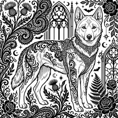 Journey into a realm where Australian wildlife meets dark elegance with this captivating Gothic Dingo coloring page. Experience the thrill of bringing intricate lace, mystical creatures, and a majestic dingo to life with your colors.