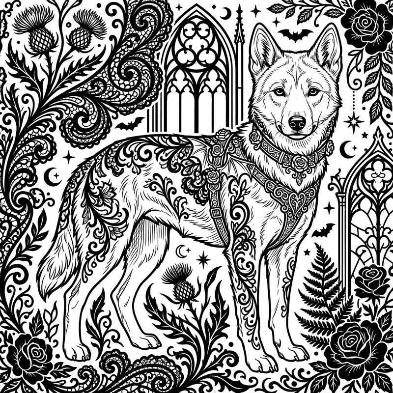Journey into a realm where Australian wildlife meets dark elegance with this captivating Gothic Dingo coloring page. Experience the thrill of bringing intricate lace, mystical creatures, and a majestic dingo to life with your colors.