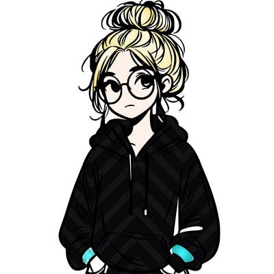 teen girl with a messy bun and glasses wearing a loose hoodie and jeans