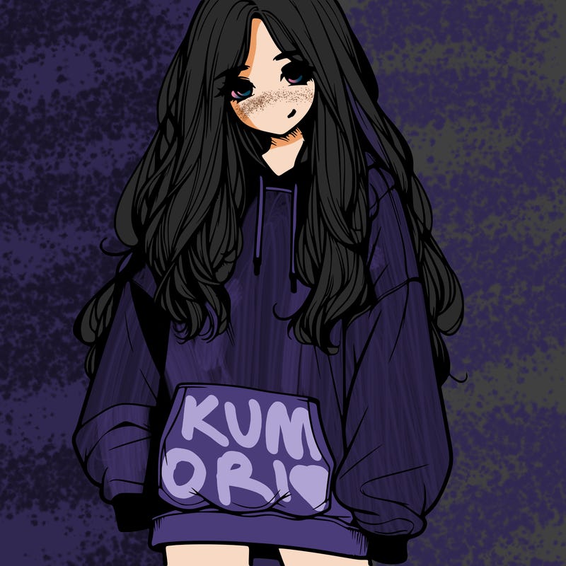 realistic girl with long hair and baggy sweat shirt