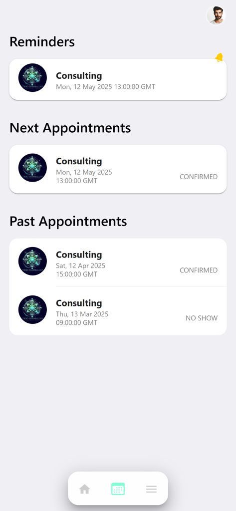 Tribo Shamballa - Tribo Shamballaアプリのインターフェース。コンサルティング予約リマインダーと履歴のリストが表示されています。