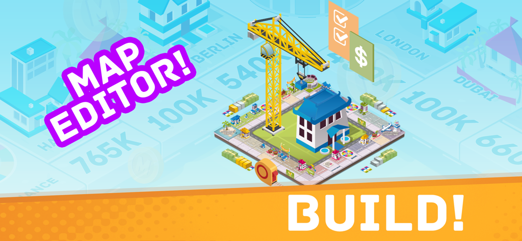 Business tour - Map editor feature in Business Tour showing a construction crane building on a board game layout with city names