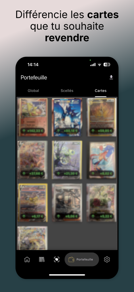 iEstims - Un smartphone mostrando la sección de portafolio de la app iEstims con una cuadrícula de cartas Pokémon y sus precios de mercado estimados en Euros.