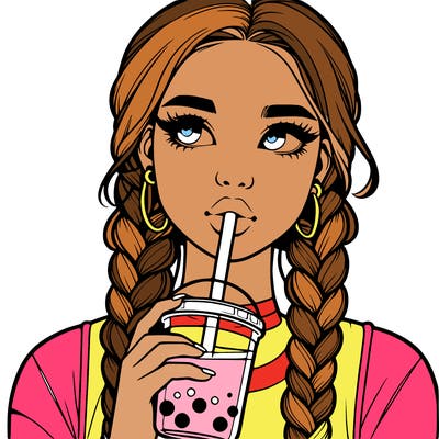 realistic girl with braided hair drinking boba