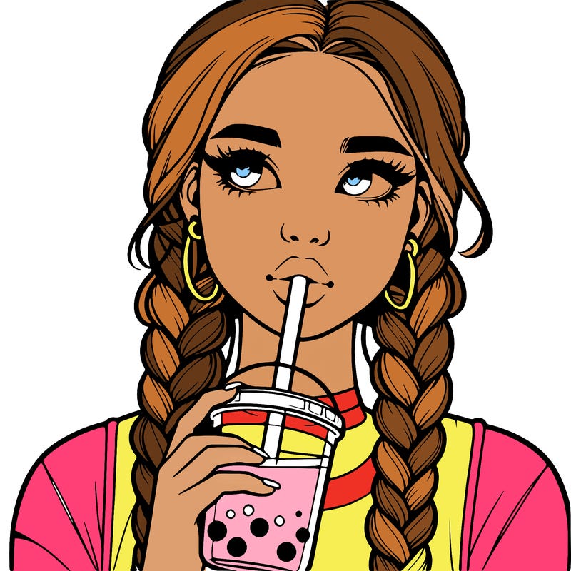 realistic girl with braided hair drinking boba