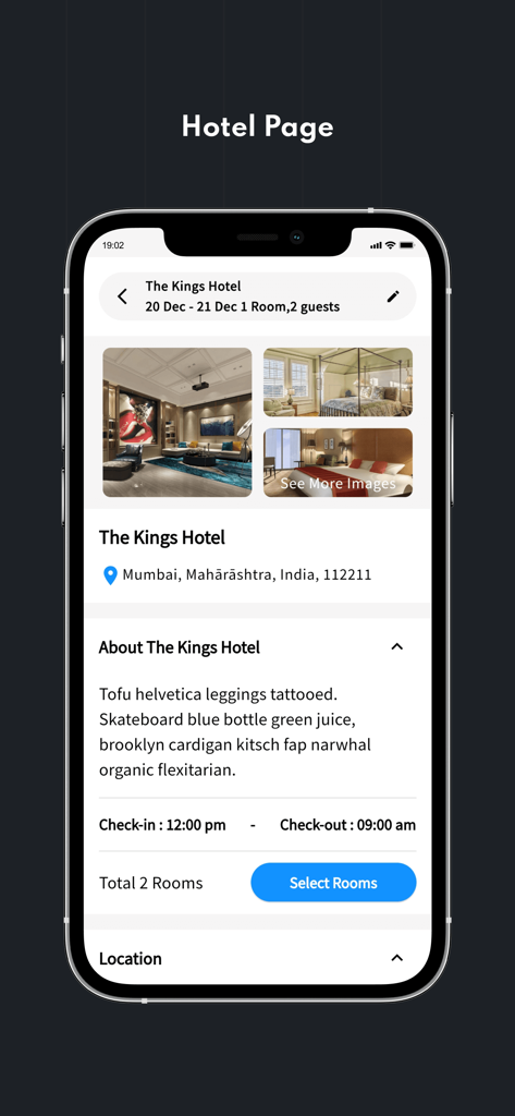 QloApps Hotel App Builder - ホテルの情報ページ、部屋の写真、場所の詳細、予約ボタンが表示されたQloAppsホテルアプリビルダーのモバイルスクリーンショット