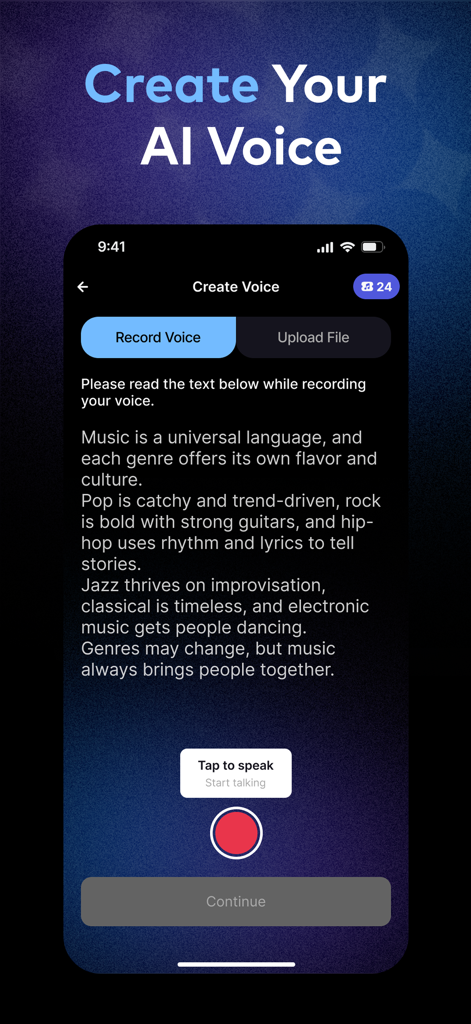 Zurna: AI Song & Music Maker - Interfaz de la aplicación Zurna que muestra cómo grabar una voz para crear un clon de voz de IA para canciones
