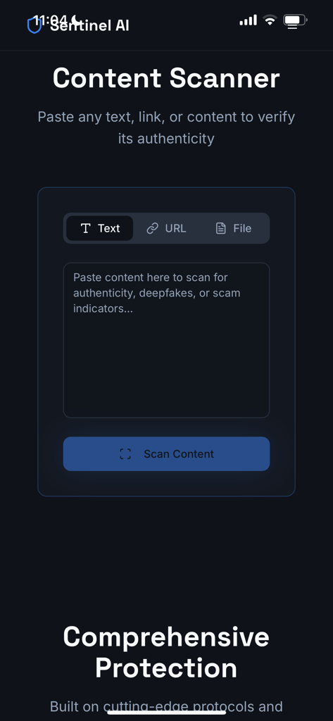 Sentinel AI Guardian - Interfaz de la aplicación Sentinel AI Guardian que muestra el escáner de contenido para verificar texto, enlaces y archivos en busca de autenticidad.