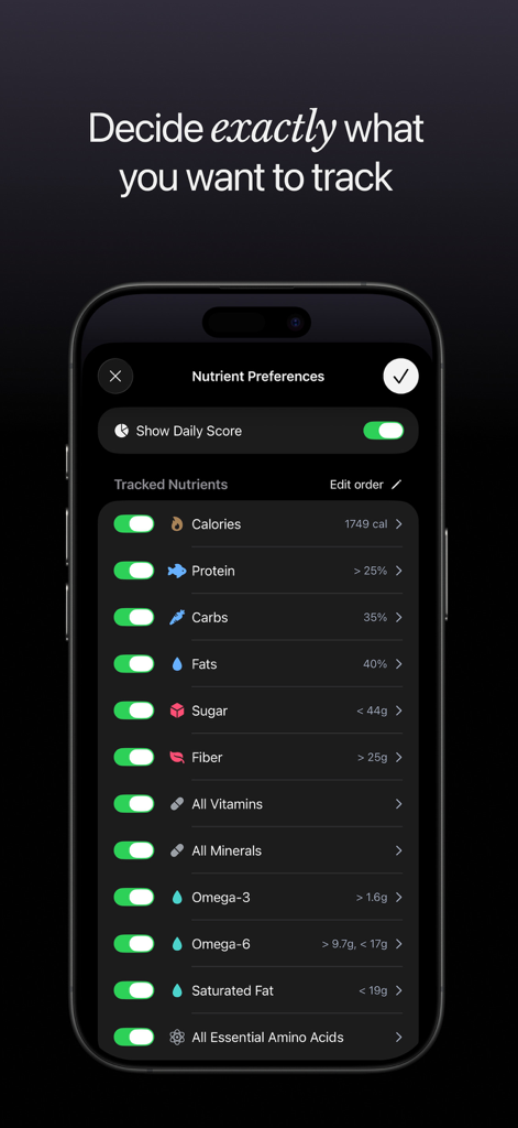 Microgram: Nutrient Tracker - Nutrient Preferences screen in the Microgram app showing a list of trackable nutrients like vitamins minerals and omega 3