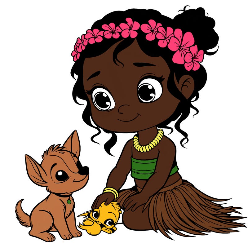 a litte hawain girl with a small animal by her side realistic