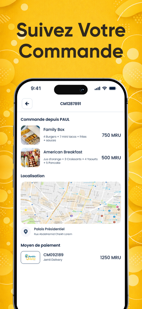 Jemli - Jemli mobile app interface showing a food order summary with real-time delivery tracking on a map