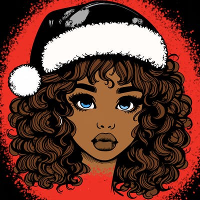 realistic girl with a santa hat curly hair and lips
