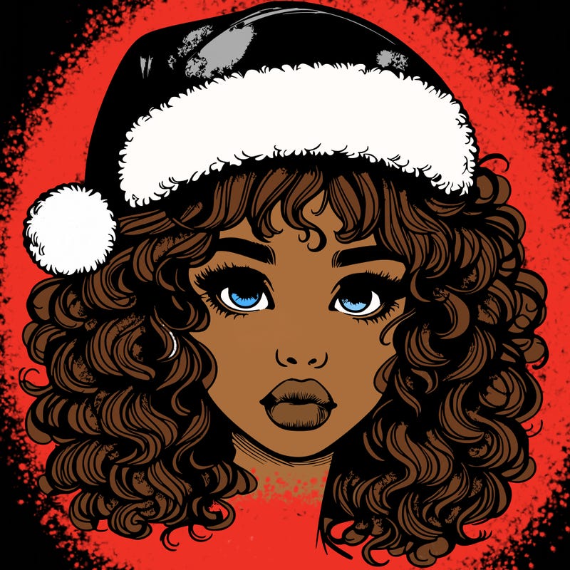 realistic girl with a santa hat curly hair and lips