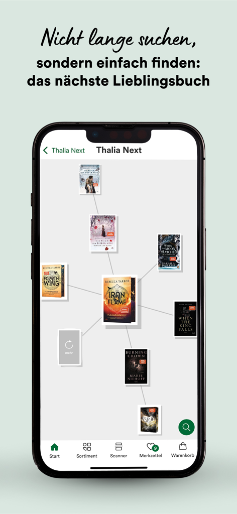 Thalia – Bücher entdecken - Thalia app screenshot showing the Thalia Next feature which provides a visual network of personalized book recommendations.