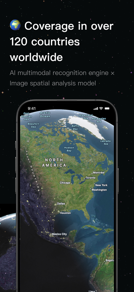 Smartphone screen showing the GeoSeek.ai app with a map of North America and text indicating coverage in over 120 countries.
