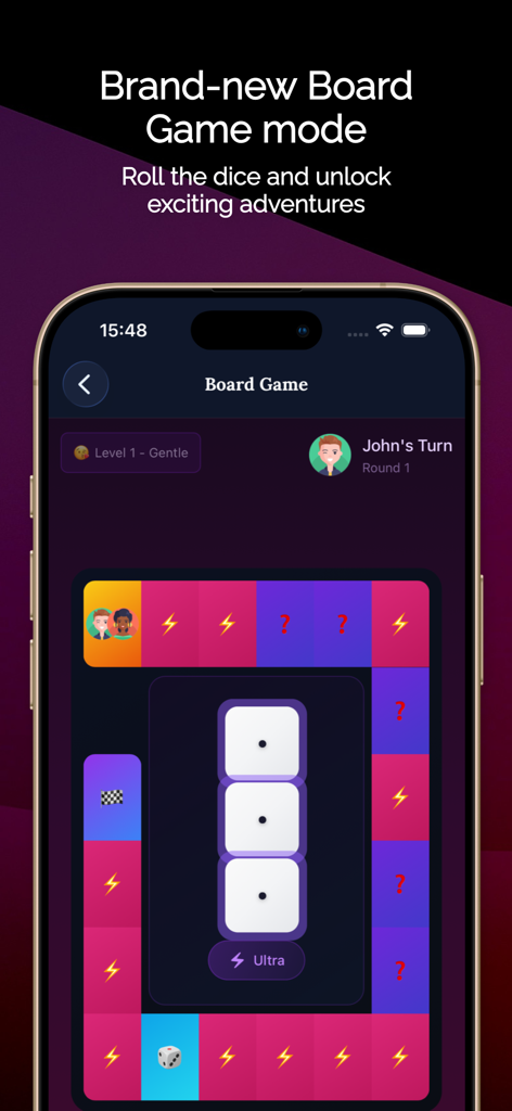 Foreplay: Couples Games - Interface of the Foreplay app board game mode for couples featuring virtual dice and a colorful game path.